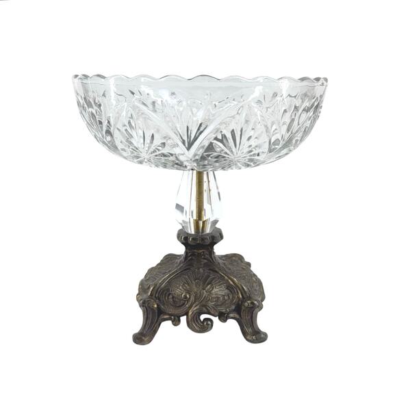 Vintage Crystal Pedestal Compote Dish with Ornate Brass Base, Candy Nut Bowl - Picture 1 of 10